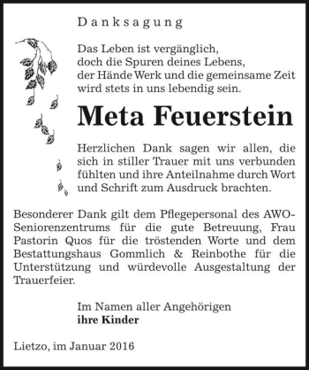Traueranzeige von Meta Feuerstein  von Magdeburger Volksstimme