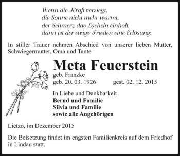 Traueranzeige von Meta Feuerstein (geb. Franzke)  von Magdeburger Volksstimme