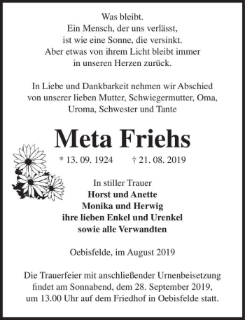 Traueranzeige von Meta Friehs  von Magdeburger Volksstimme