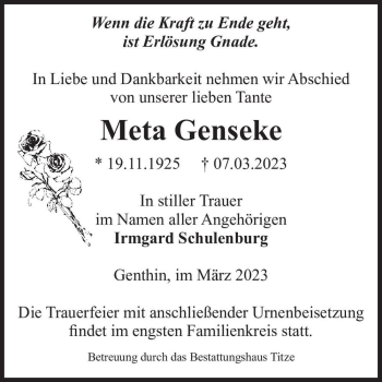 Traueranzeige von Meta Genseke  von Magdeburger Volksstimme