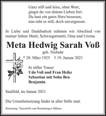 Traueranzeige von Meta Hedwig Sarah Voß (geb. Niebuhr)  von Magdeburger Volksstimme