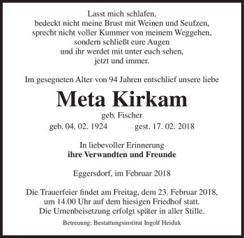 Traueranzeige von Meta Kirkam (geb. Fischer)  von Magdeburger Volksstimme