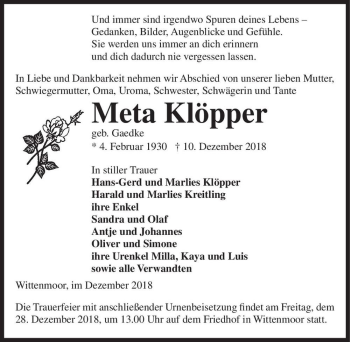 Traueranzeige von Meta Klöpper (geb. Gaedke)  von Magdeburger Volksstimme