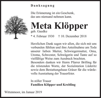 Traueranzeige von Meta Klöpper (geb. Gaedke)  von Magdeburger Volksstimme