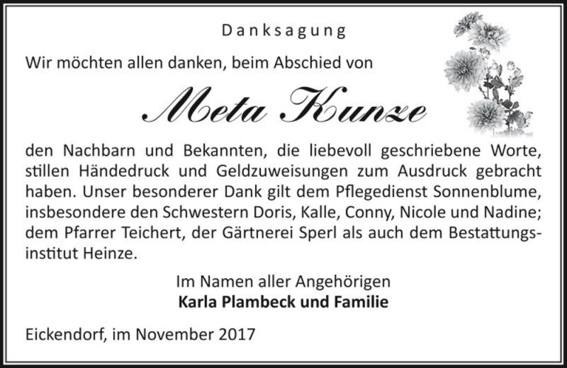  Traueranzeige für Meta Kunze  vom 18.11.2017 aus Magdeburger Volksstimme
