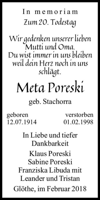 Traueranzeige von Meta Poreski (geb. Stachorra)  von Magdeburger Volksstimme
