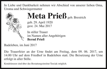 Traueranzeige von Meta Prieß (geb. Brestrich)  von Magdeburger Volksstimme