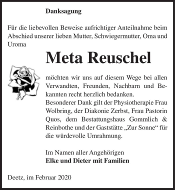 Traueranzeige von Meta Reuschel  von Magdeburger Volksstimme