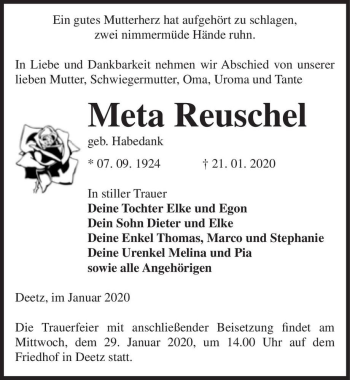Traueranzeige von Meta Reuschel (geb. Habedank)  von Magdeburger Volksstimme