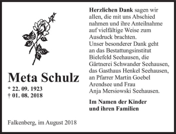 Traueranzeige von Meta Schulz  von Magdeburger Volksstimme