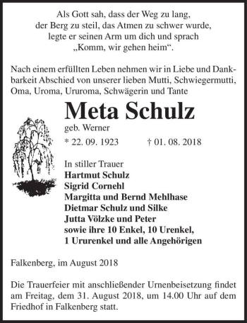 Traueranzeige von Meta Schulz (geb. Werner)  von Magdeburger Volksstimme