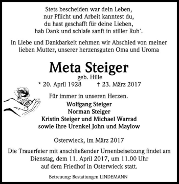 Traueranzeige von Meta Steiger (geb. Hille)  von Magdeburger Volksstimme