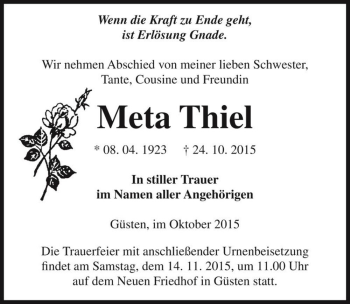 Traueranzeige von Meta Thiel  von Magdeburger Volksstimme