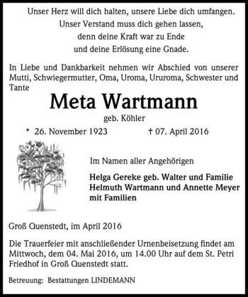 Traueranzeige von Meta Wartmann (geb. Köhler)  von Magdeburger Volksstimme