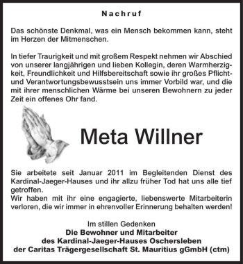Traueranzeige von Meta Willner  von Magdeburger Volksstimme