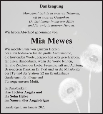 Traueranzeige von Mia Mewes  von Magdeburger Volksstimme