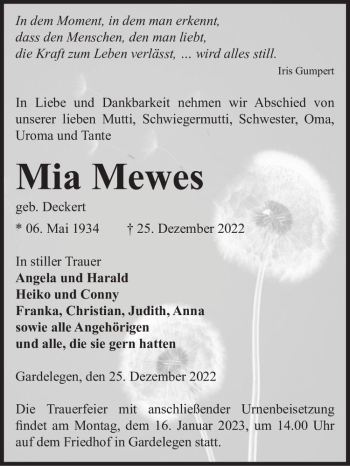Traueranzeige von Mia Mewes (geb. Deckert)  von Magdeburger Volksstimme