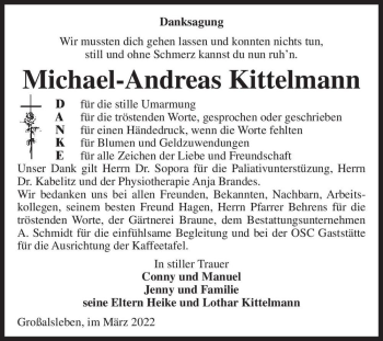 Traueranzeige von Michael-Andreas Kittelmann  von Magdeburger Volksstimme