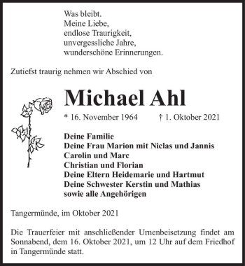 Traueranzeige von Michael Ahl  von Magdeburger Volksstimme