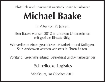 Traueranzeige von Michael Baake  von Magdeburger Volksstimme