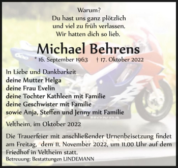 Traueranzeige von Michael Behrens  von Magdeburger Volksstimme