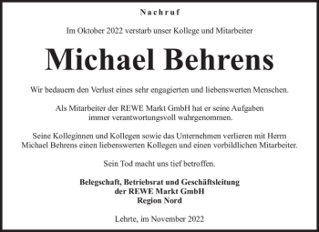 Traueranzeige von Michael Behrens  von Magdeburger Volksstimme