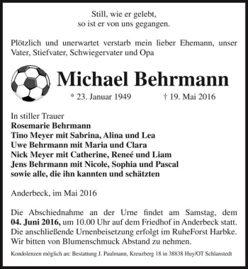 Traueranzeige von Michael Behrmann  von Magdeburger Volksstimme