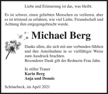 Traueranzeige von Michael Berg  von Magdeburger Volksstimme