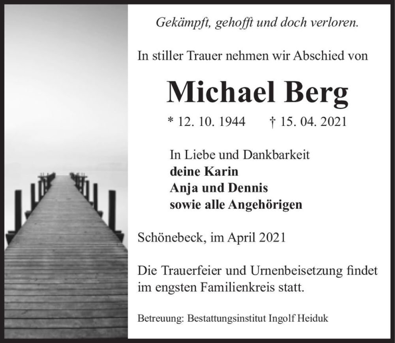  Traueranzeige für Michael Berg  vom 17.04.2021 aus Magdeburger Volksstimme