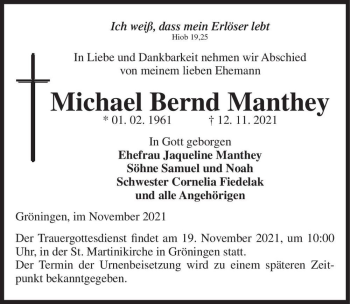 Traueranzeige von Michael Bernd Manthey  von Magdeburger Volksstimme