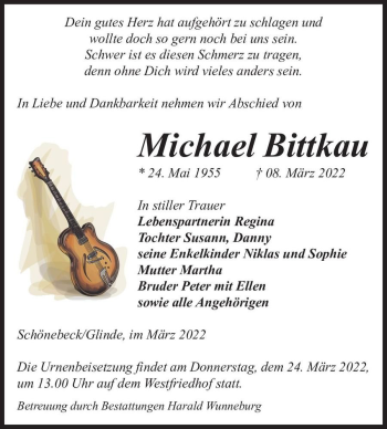Traueranzeige von Michael Bittkau  von Magdeburger Volksstimme