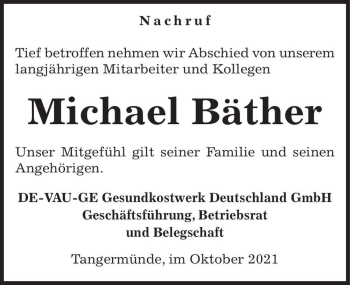 Traueranzeige von Michael Bäther  von Magdeburger Volksstimme