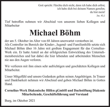 Traueranzeige von Michael Böhm  von Magdeburger Volksstimme