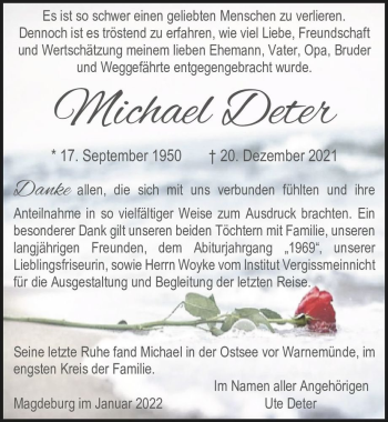 Traueranzeige von Michael Deter  von Magdeburger Volksstimme