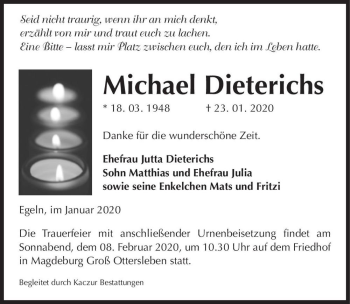 Traueranzeige von Michael Dieterichs  von Magdeburger Volksstimme