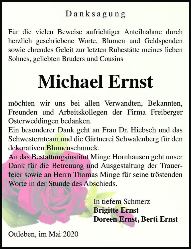  Traueranzeige für Michael Ernst  vom 09.05.2020 aus Magdeburger Volksstimme