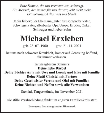 Traueranzeige von Michael Erxleben  von Magdeburger Volksstimme