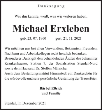 Traueranzeige von Michael Erxleben  von Magdeburger Volksstimme