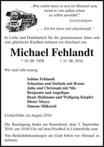 Traueranzeige von Michael Fehlandt  von Magdeburger Volksstimme