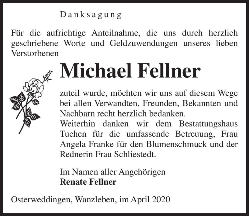  Traueranzeige für Michael Fellner  vom 04.04.2020 aus Magdeburger Volksstimme