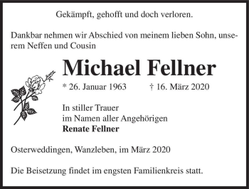 Traueranzeige von Michael Fellner  von Magdeburger Volksstimme