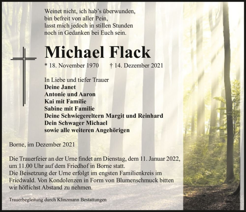  Traueranzeige für Michael Flack  vom 28.12.2021 aus Magdeburger Volksstimme