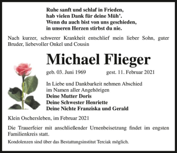 Traueranzeige von Michael Flieger  von Magdeburger Volksstimme