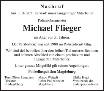 Traueranzeige von Michael Flieger  von Magdeburger Volksstimme