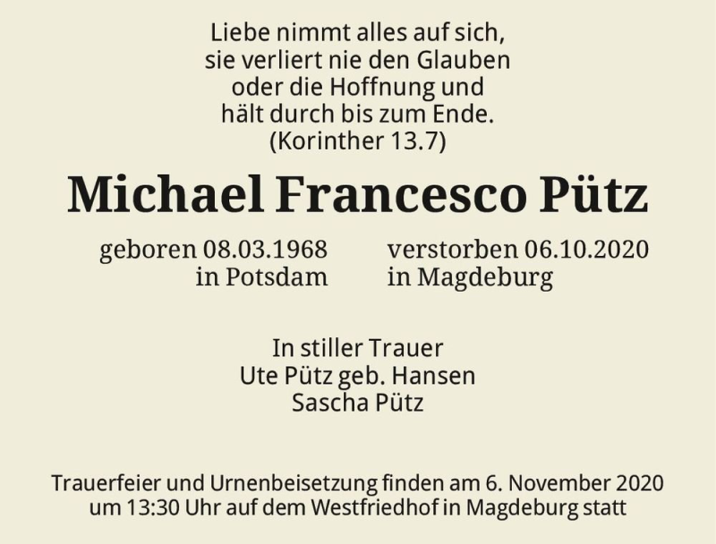  Traueranzeige für Michael Francesco Pütz  vom 24.10.2020 aus Magdeburger Volksstimme