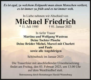 Traueranzeige von Michael Friedrich  von Magdeburger Volksstimme