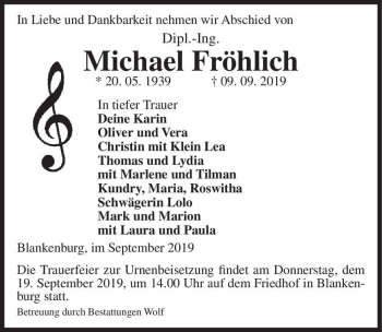 Traueranzeige von Michael Fröhlich  von Magdeburger Volksstimme