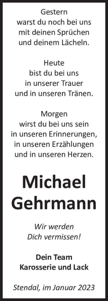 Traueranzeige von Michael Gehrmann  von Magdeburger Volksstimme