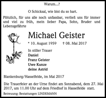 Traueranzeige von Michael Geister  von Magdeburger Volksstimme