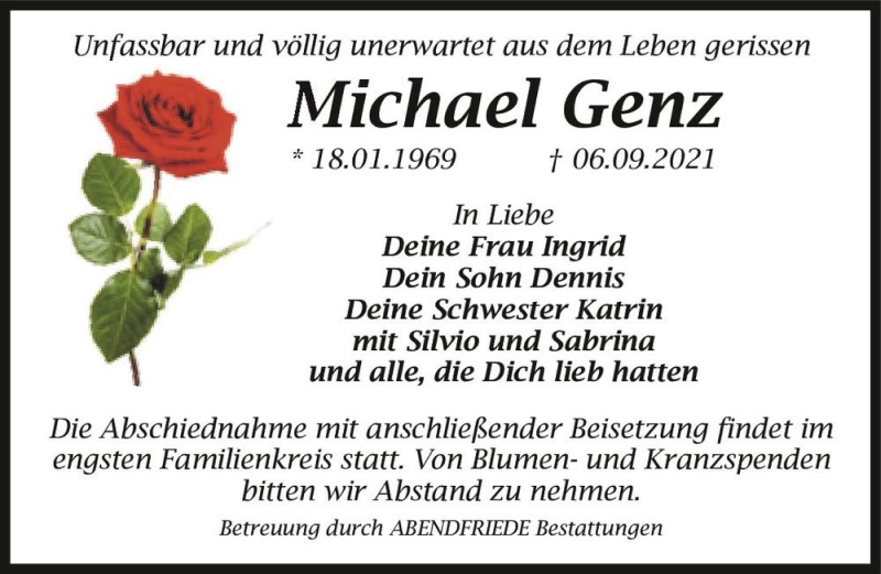  Traueranzeige für Michael Genz  vom 11.09.2021 aus Magdeburger Volksstimme